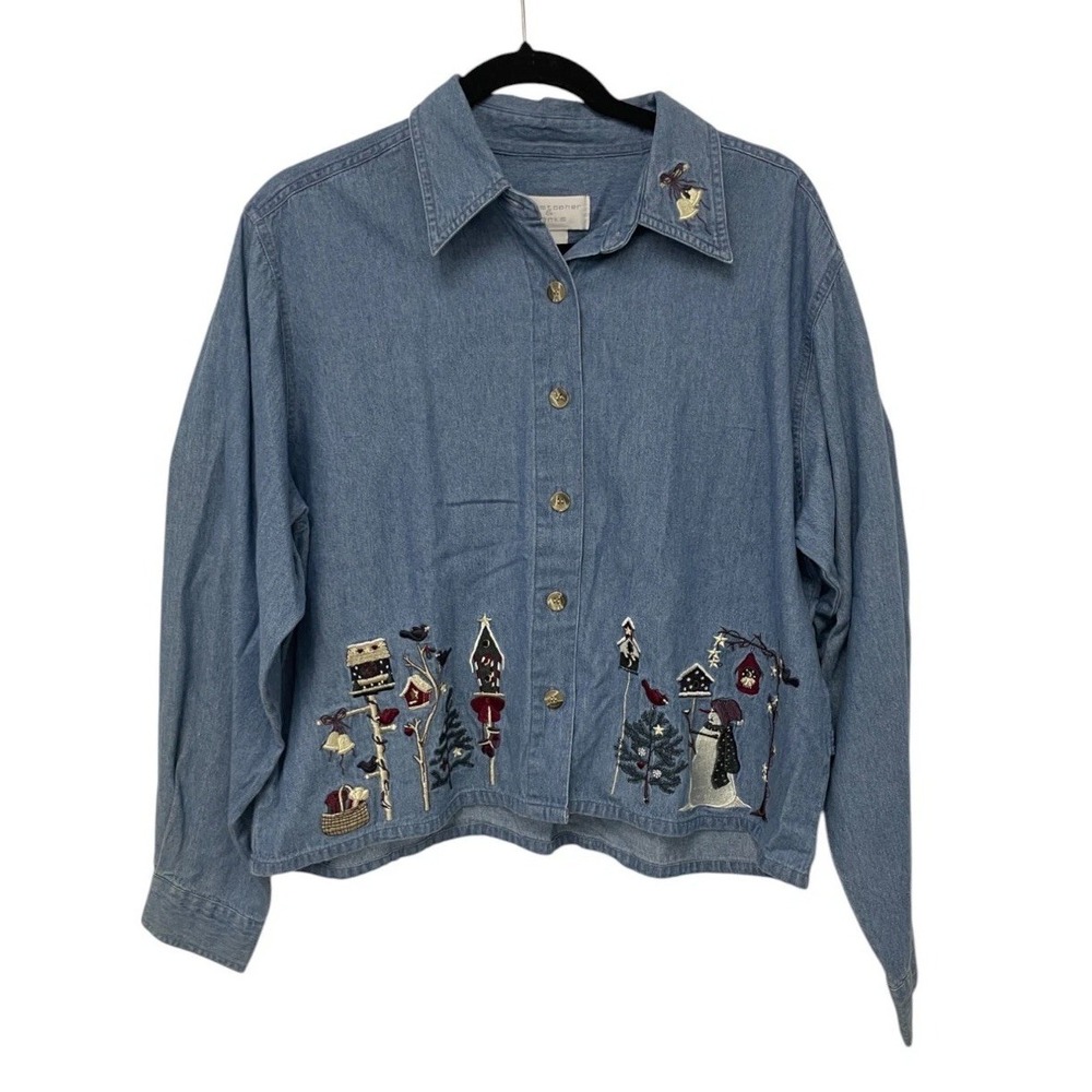 Christopher & Banks Top Womens L Blue Denim Embroidered Birdhouses Shacket NWT